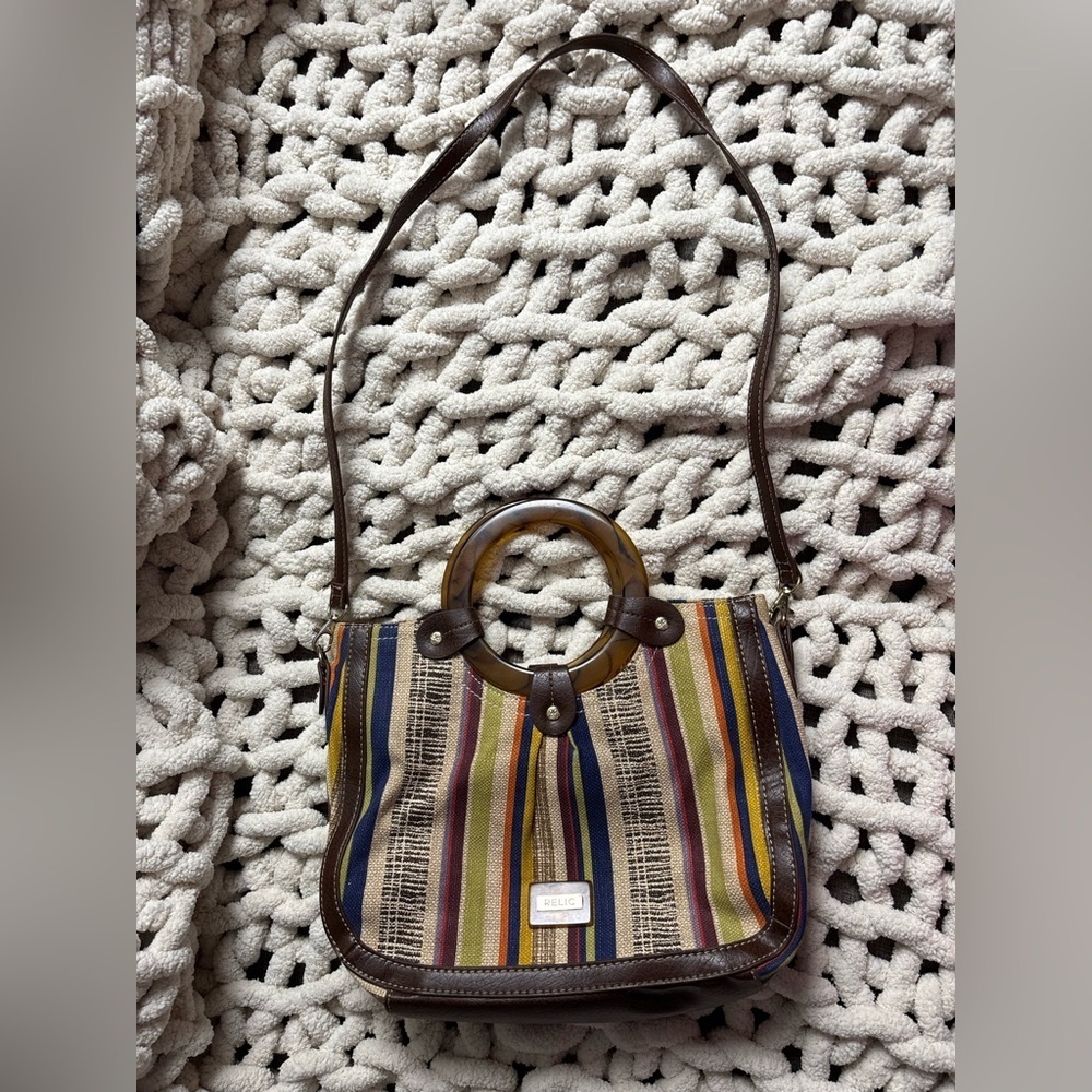 Relic by Fossil Multicolor Stripe Canvas Shoulder Bag Faux Leather Handles Boho